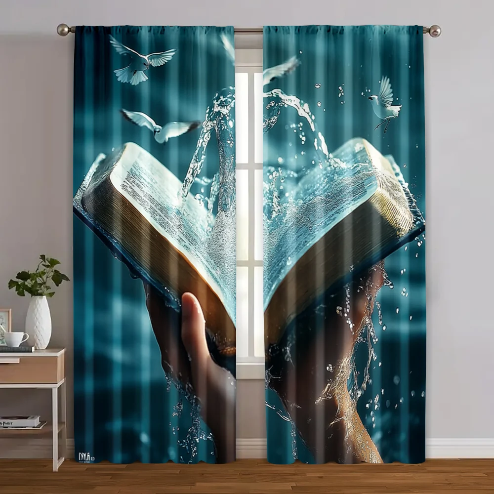 2pcs Fantasy Book Print Curtains Hand Holding Open Book with Water Splash and Flying Birds Pattern Polyester Window Drapes
