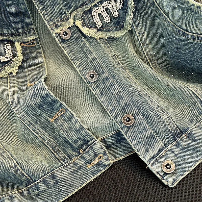 Vintage Hot Rhinestone Denim Vest Coat Women\'s Spring Autumn New Washed Dressed Short Sleeveless Spice Girl Street Top