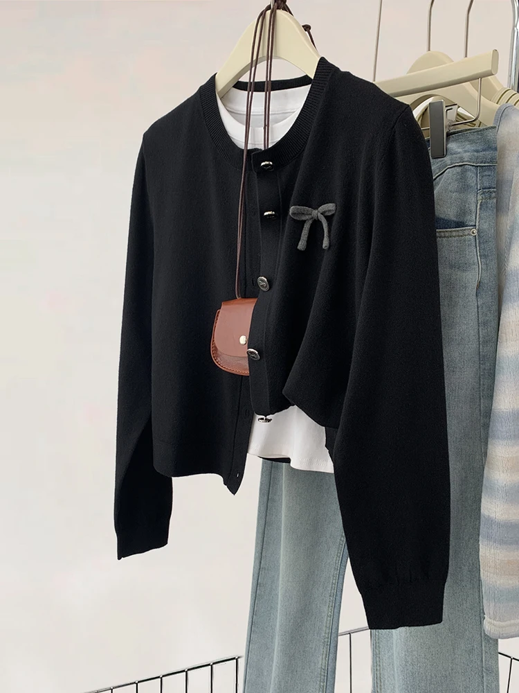 Sweet Bow Sweater Jacket Women Autumn New Lazy Style Knitted Cardigan Fashion O-neck Long Sleeve Single Breasted Tops