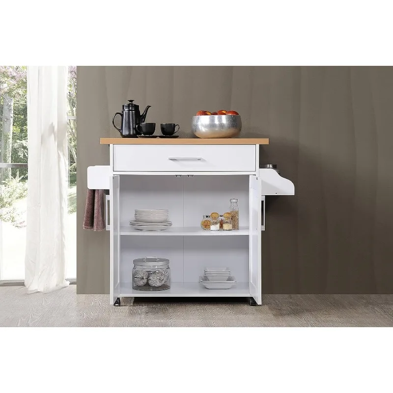 

Kitchen Island with Spice Rack, Towel Rack & Drawer, White with Beech Top, 15.5 x 35.5-44.9 x 35.2 inches