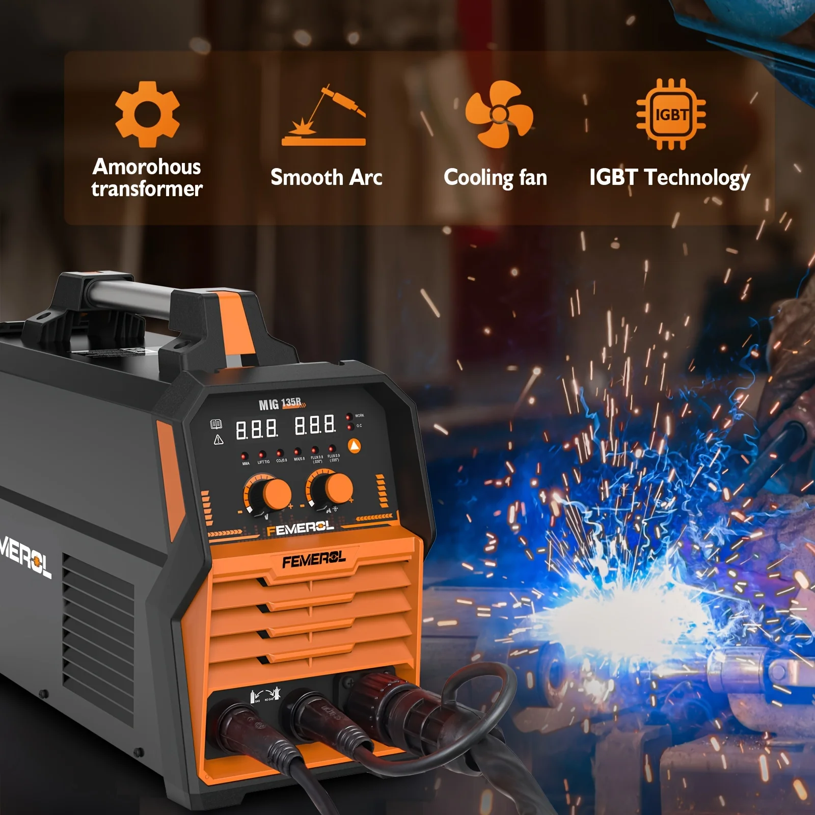 FEMEROL 4 In 1 Welding Machine 135A Flux Cored MIG Lift TIG Stick ARC Welder 110V Synergic Control Portable Hot Start MIG Welder