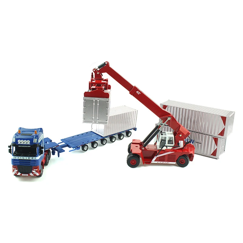 Alloy Diecast 1:50 Low Bed Transporter Container /Reach Stacker /Front Trolley Truck Rubber Tire Vehicles Model Kids Gift Toys