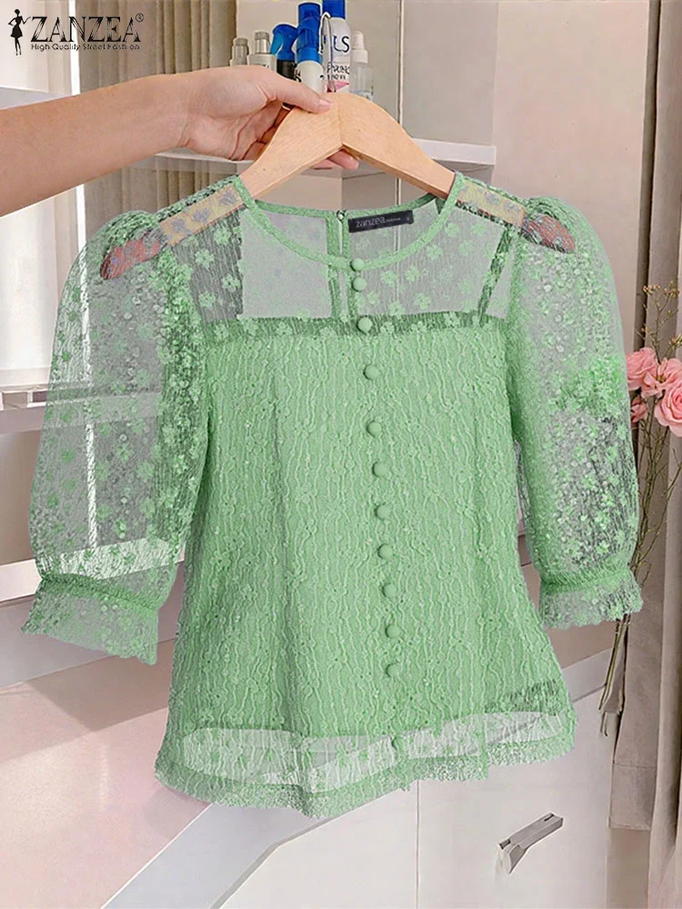 

Seethrough Lace Blouse Casual Tops Women 3/4 Puff Sleeve Bohemian Hollow Out Tunic Summer Blusas Fashion ZANZEA 2025 New