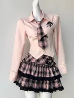 Spring Y2K Preppy Style Elegant Outfits Women 2 Piece Sets Sweet Kawaii Bow Tops + Lace Pleated Skirt Female Retro Chic Clothing