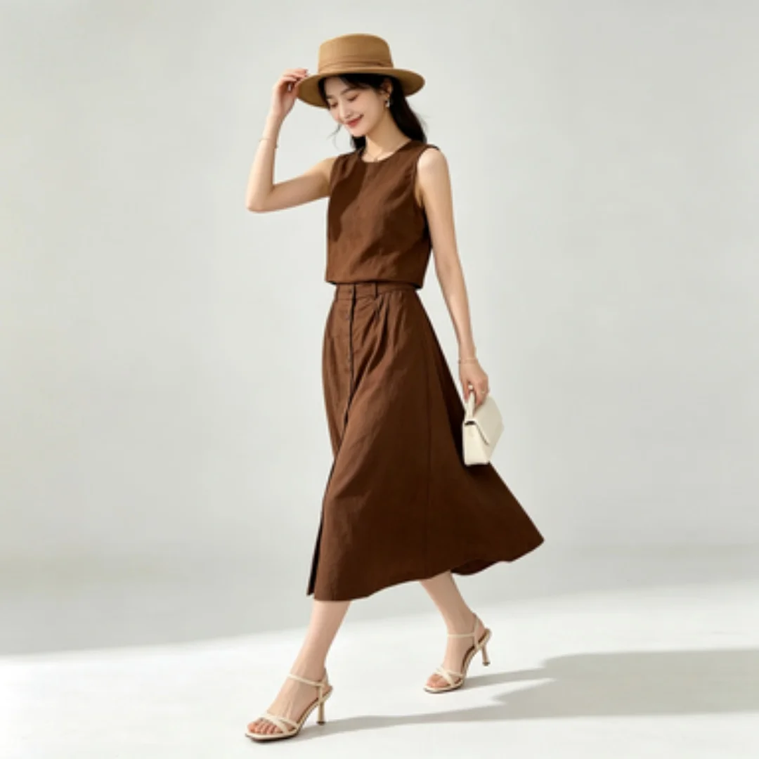 Women's 2026 Spring Summer New Vintage Sleeveless Top With Button Skirt Set