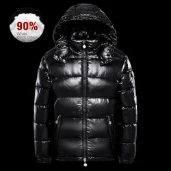 90% White Duck Down Down Jacket with Black Glossy Face for Men and Women, Large Size Jacket with Hood and Thickened Bread Jacket