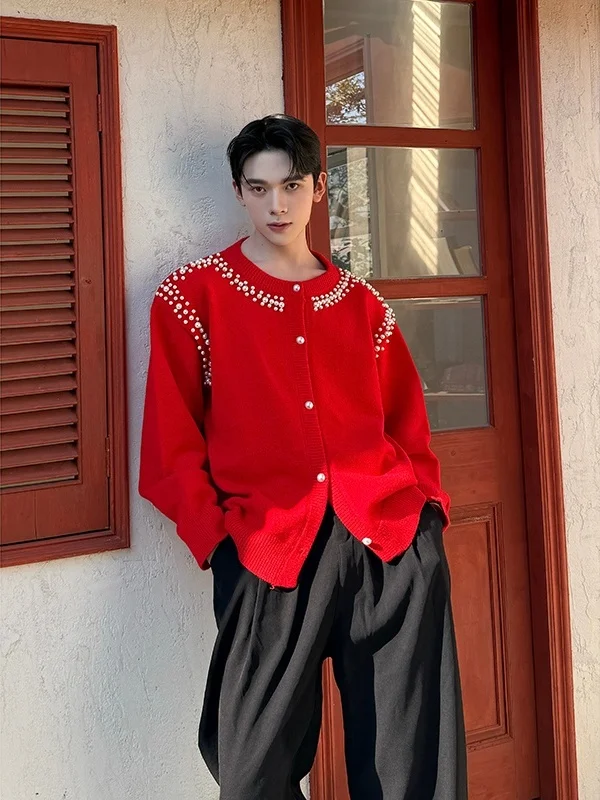 

Retro Knitted Sweater Cardigan Red New Year ex Long Sve Warm Casual Faion Pearl Decoration Design Sensation Lazy Sle