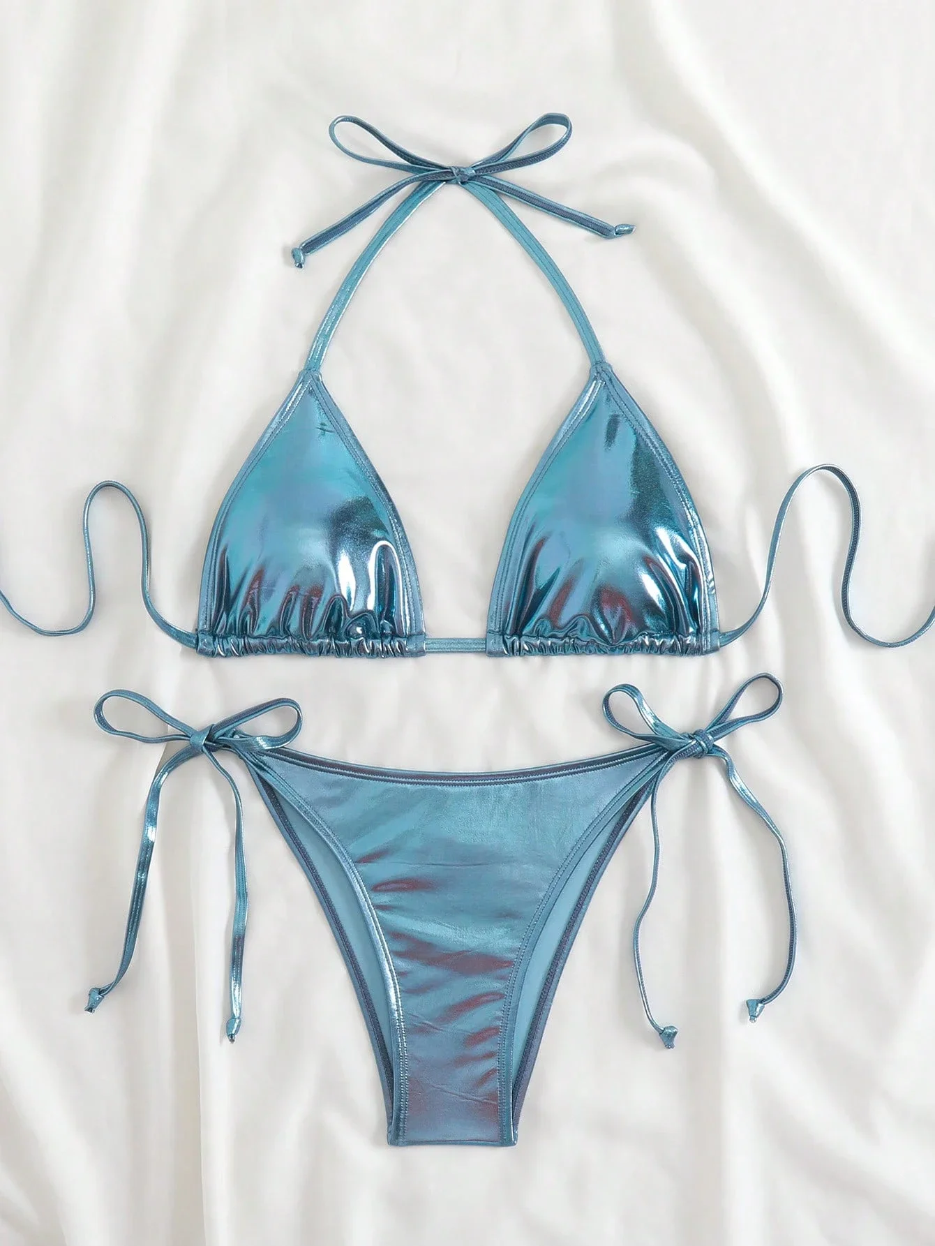 

Комплект бикини с завязками сбоку, металлического синего цвета, для пляжного отдыха