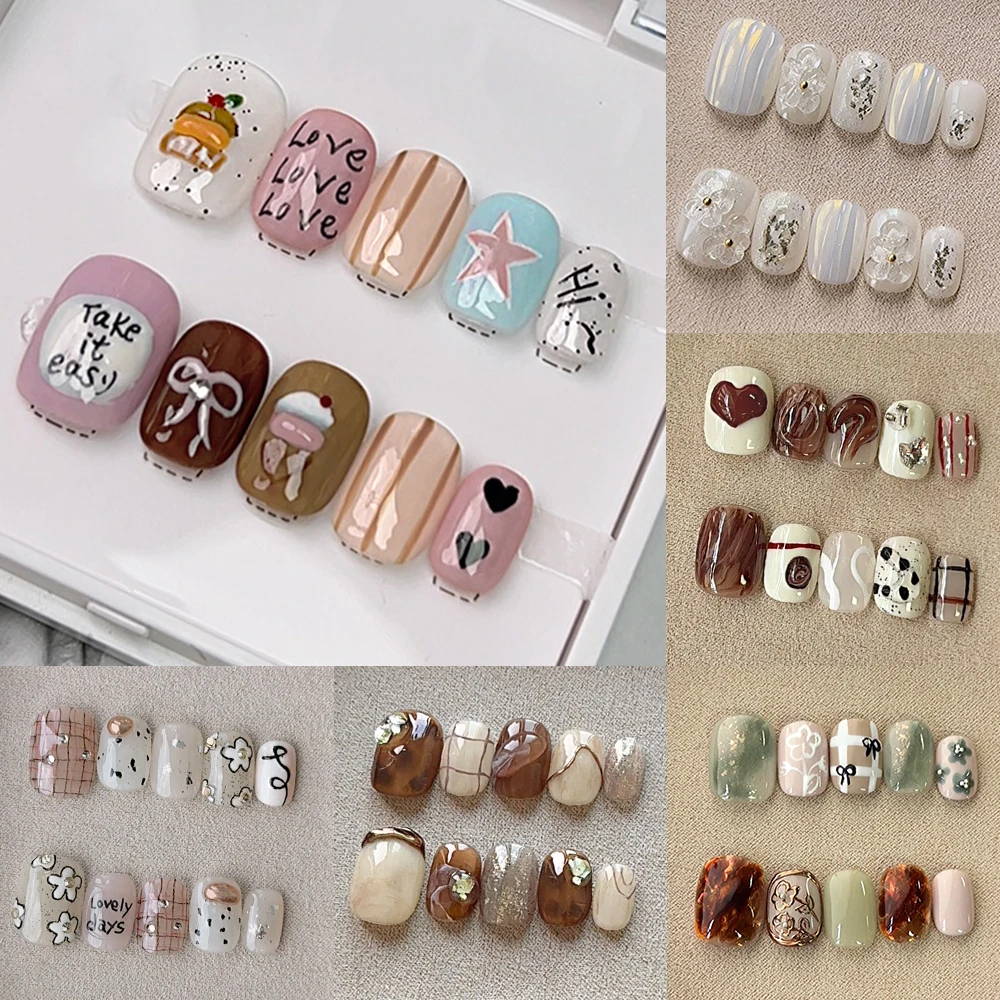10Pcs Hand-Painted Graffiti Cute Cartoon Short False Nail Retro Maillard Style Nail Patch Rose Gold Gilded Bow Press on Nails