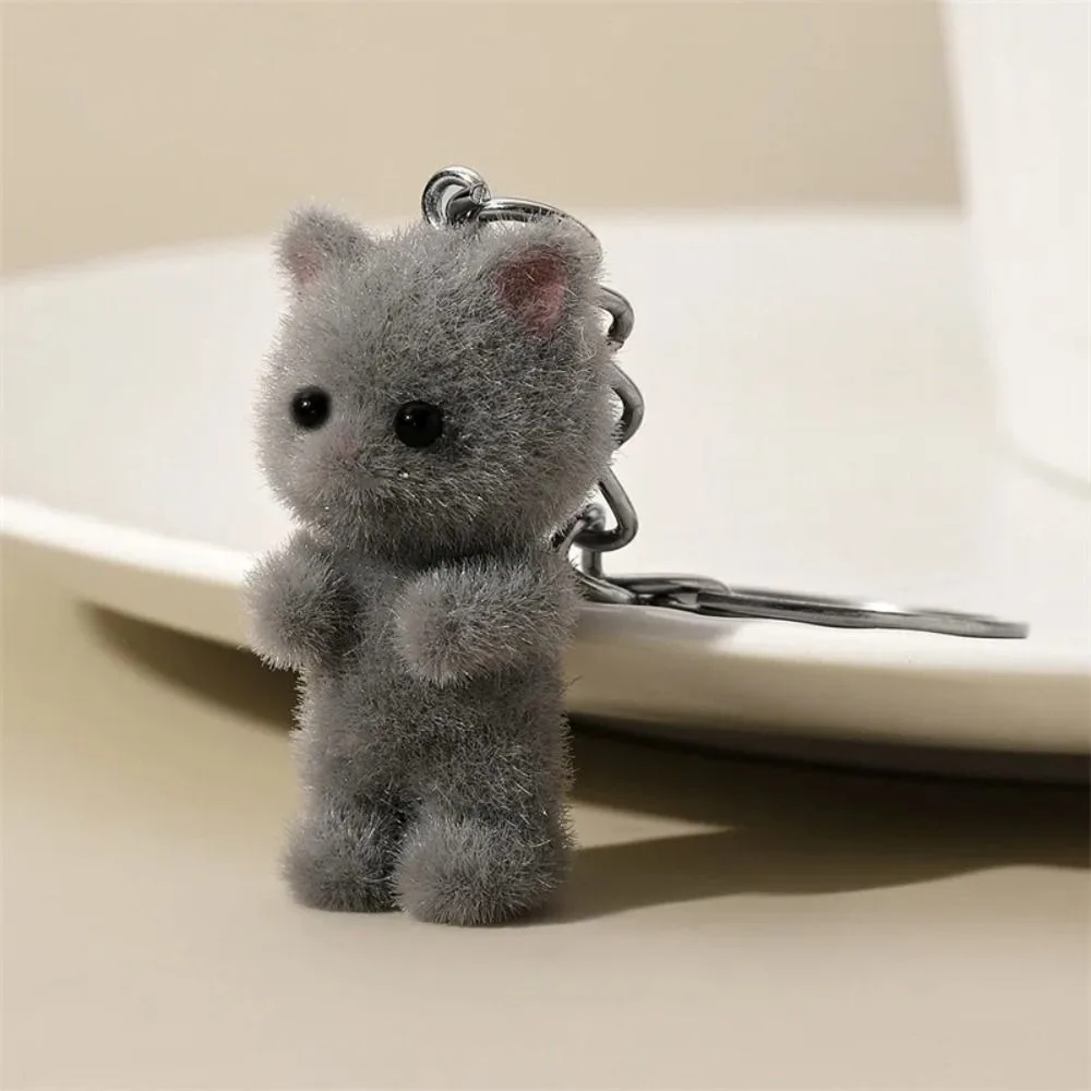 Funny Flocking Keychain Cartoon Cats Shape Pendant DIY Schoolbag Garment Accessories