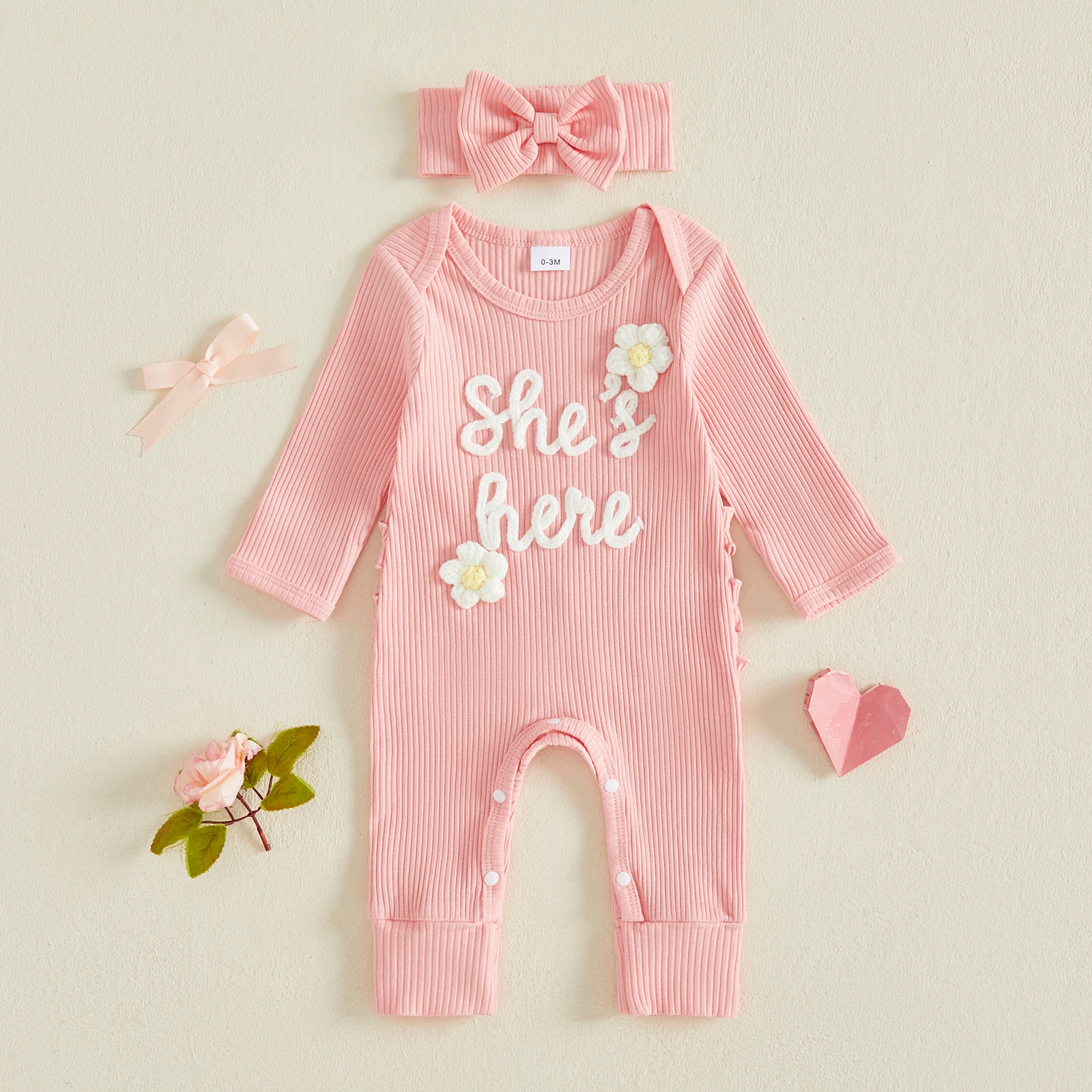 Baby Girl Floral Embroidery Romper Long Sleeve O Neck 3D Flower Jumpsuits With Headband Sweety Baby Newborn Coming Home Clothes