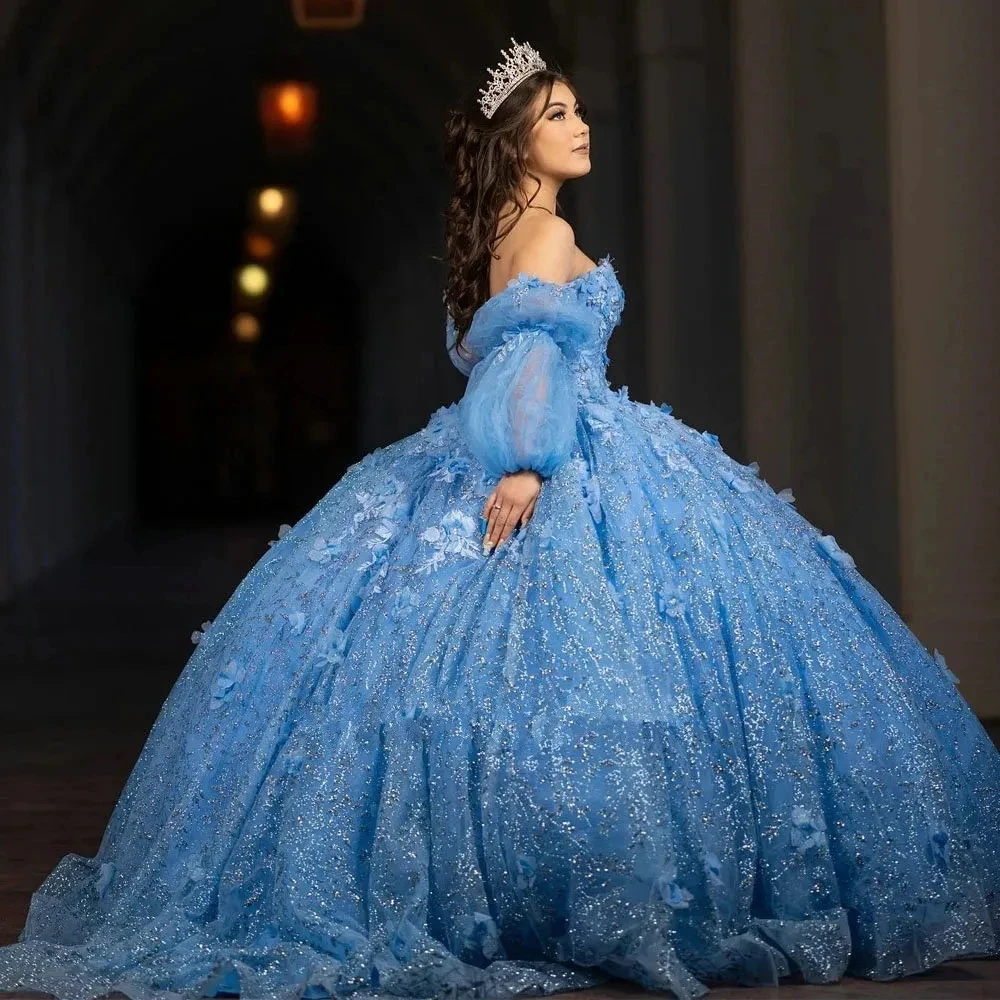 Vestidos de Quinceañera de cristal de manga larga azul, vestido de baile de lentejuelas Glittler, vestido de baile de 15 años sin hombros, flores 3D, vestido de Graduación