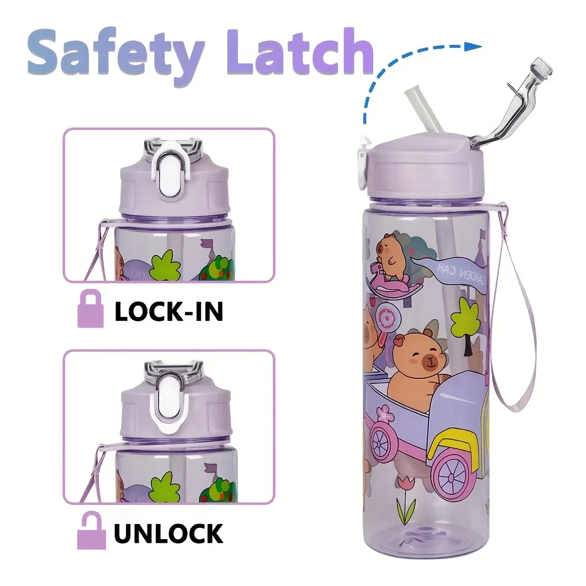 750ML Capybara Straw Cup Cute Cartoon Water Bottle with Carry Strap Leakproof Portable Drinking Cup Kids Bottle