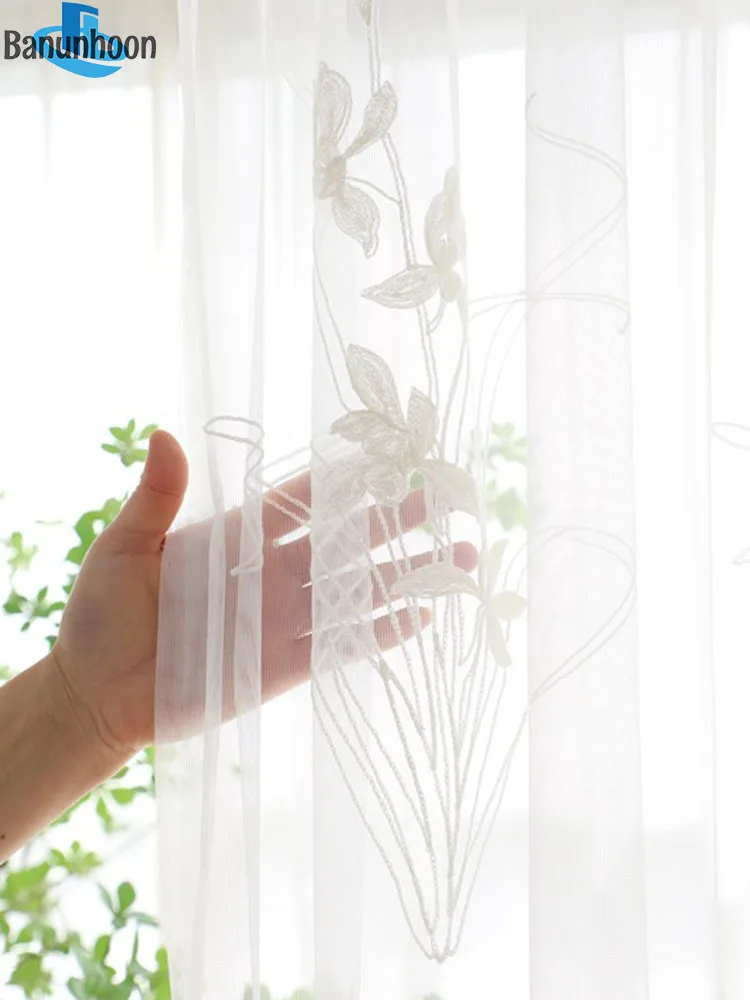 Chinese-style orchid embroidered white sheer window screens curtains for living room bedroom balcony partition