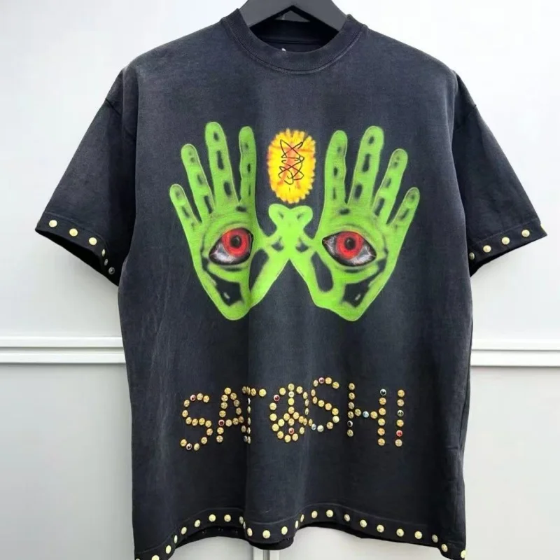 Mens Premium Acid Wash Short Sleeve T-Shirt Satoshi Nakamoto Heavy Dual Side Gold Stud Rhinestone Graphi