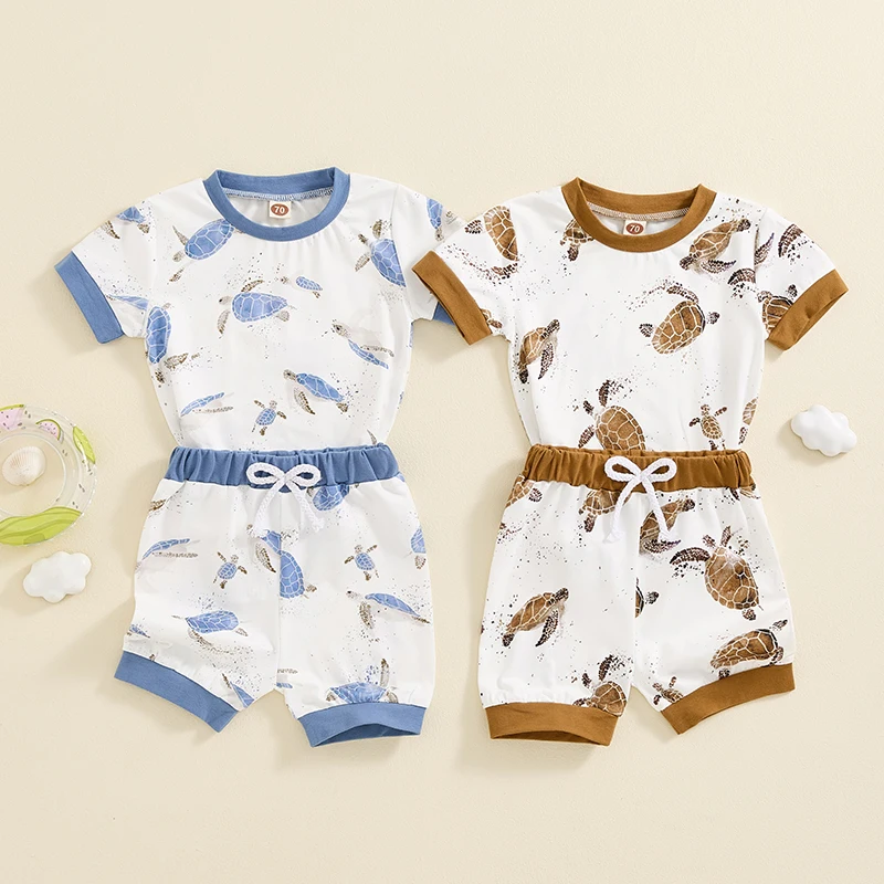 2024-05-08 Lioraitiin Toddler Boys Summer Outfits Ocean Turtle Print Short Sleeve T-Shirts Elastic Waist Shorts 2Pcs Clothes Set