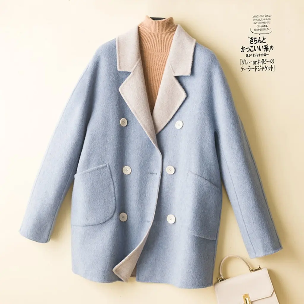 

Women's Double-Sided Woolen Coat Korean Style Autumn Winter Fashion Suit Collar Small Woolen Jacket for Ladies