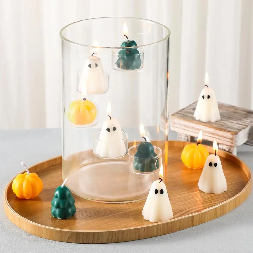 Halloween Glass Candle Holder with Candles and Tea Light Clear Cylinder Pillar Candle Holder or Halloween Table Centerpiece Deco