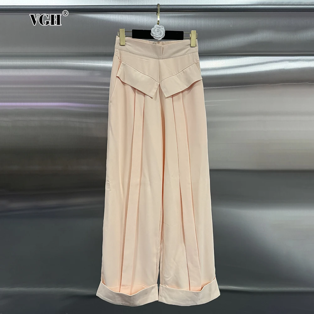 

VGH Solid Patchwork Pockets Casual Pleated Trousers For Women High Waist Spliced Zipper Minimalist Loose Wide Leg Pants Female