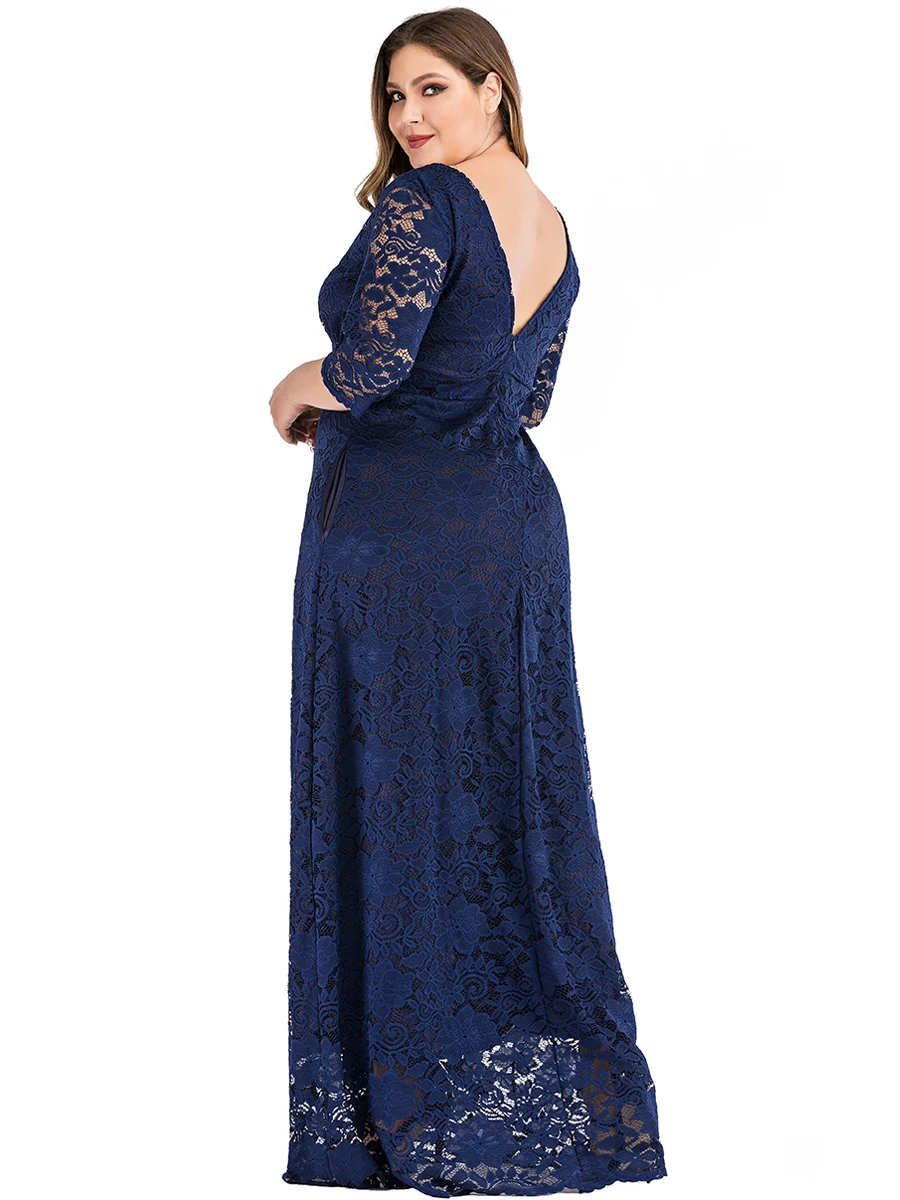 Plus Size Lace Party Dress Woman Summer V Backless Elegant Sexy Eveing Club Dress Pockets Floor Length Maxi Long Dresses