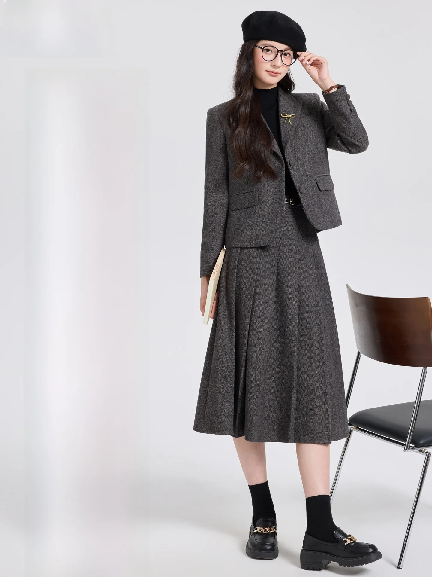 

Women's Woolen Suit Jaet Autumn Winter Small Size Interview Formal Wear Plaid Skirt Set Commute Sle Fitted Version