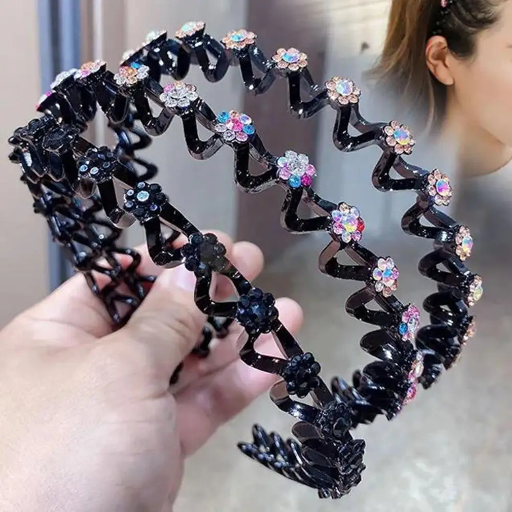 Women Headband Wave Rhinestones Headdress Korean Style Appearance Sweet Headband Good Elasticity Hair Hoop Hair Accessories