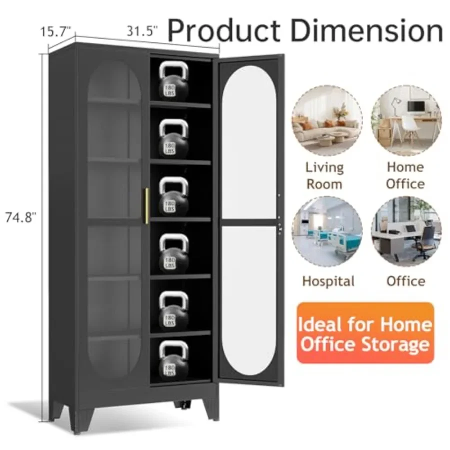 75 H locking display cabinet for living room/bedroom/kitchen/bar, metal, black, tempered glass door + 5 adjustable shelves