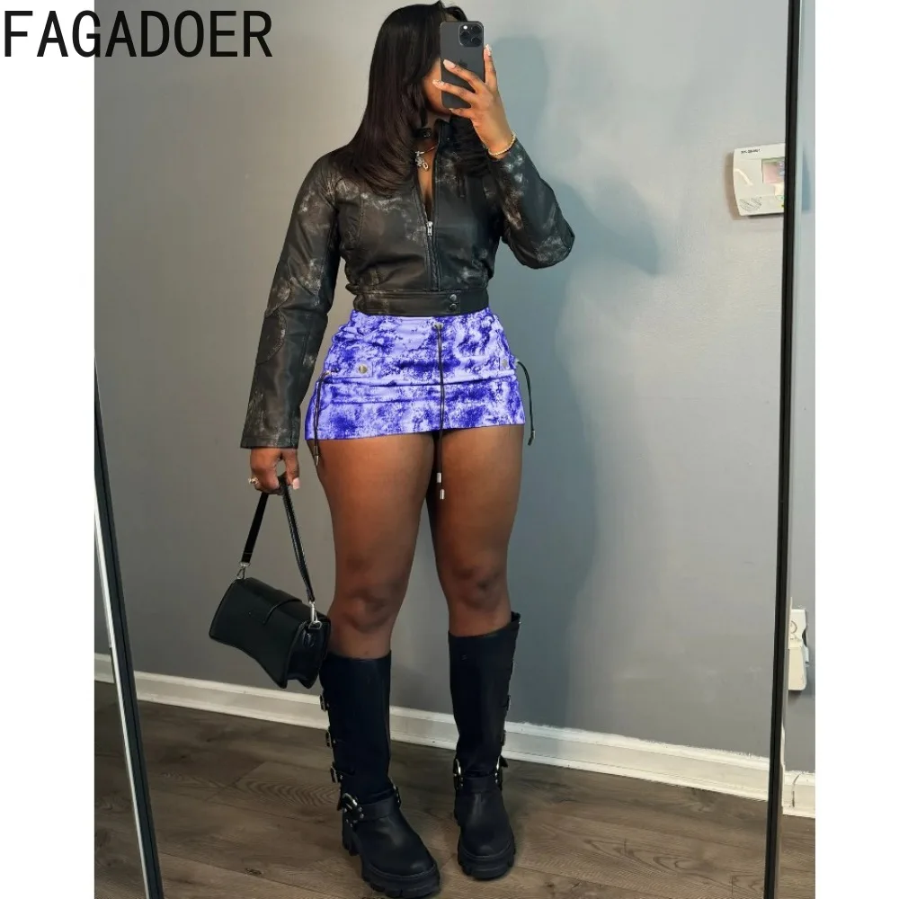 FAGADOER Summer New Tie Dye Printing Drawstring Ruched Mini Skirts Women High Waisted Button Skirts Female Slim Streetwear 2024