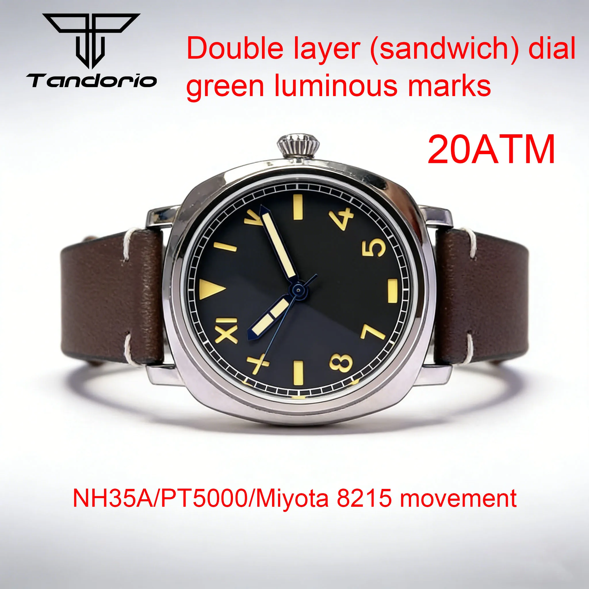 

Square California Mechanical Watch Men NH35A PT5000 Sandwich Dial AR Sapphire Glass 200m Waterproof Rejor Wristwatch 42mm