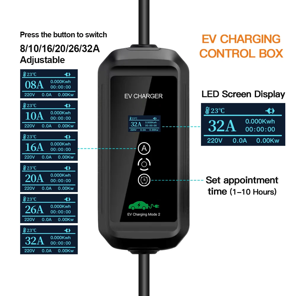 GOODCELL Electric Vehicle Car Charger EVSE Wallbox 32A 7.2KW Power Plug 5m Charging Box Plug 1Phase EV Portable Charger GBT