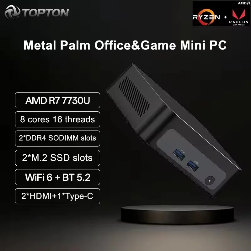 Игровой мини-ПК Topton Metal Palm Gaming AMD Ryzen 7 7730U 5825U 5800U R5 7530U 5600U DDR4 NVMe Nuc Мини-компьютер Windows 11 WiFi6 BT5.2