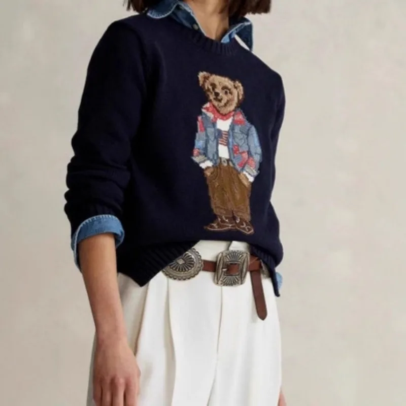 2025 New Women's Cotton Cartoon Bear Print Sweater Round Neck College Style Youthful Loose Fit for Autumn Winter Casual