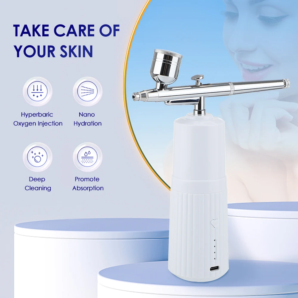Portable USB Rechargeable Mini Electric High Pressure Oxygen Atomizer Air Compressor Spray Gun Sprayer Oxygen Injector Small Bubble Beauty Nano Skin Facial Hydration Moisturizing Skin Care Tools