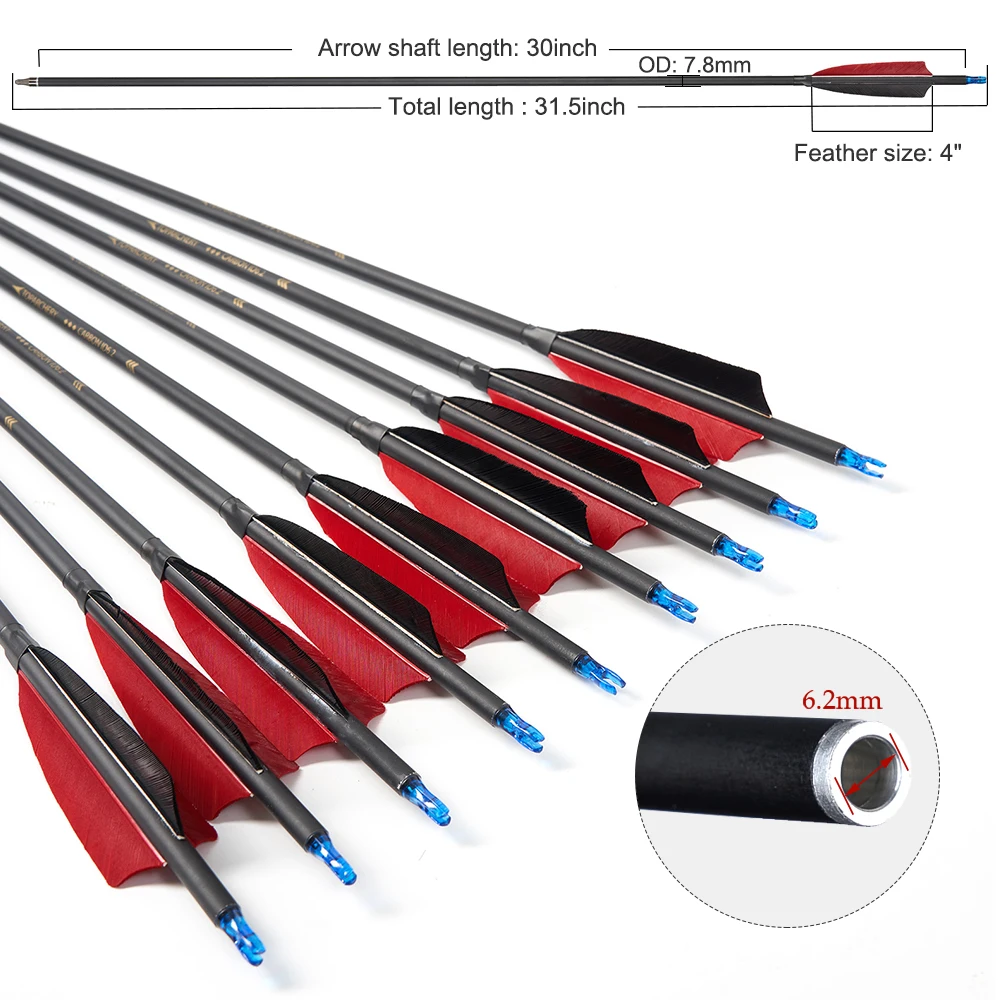 6/12pcs Bow Arrows  Archery Arrow 4 inch Feather Carbon Arrow 31.5inch ID 6.2mm for  Shooting Sport Detachable Arrow