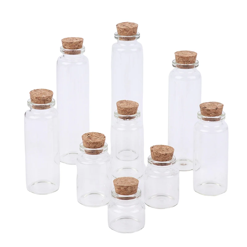 Botellas de vidrio transparente con tapón de corcho, frascos de especias vacíos, frascos para manualidades DIY, 5 piezas