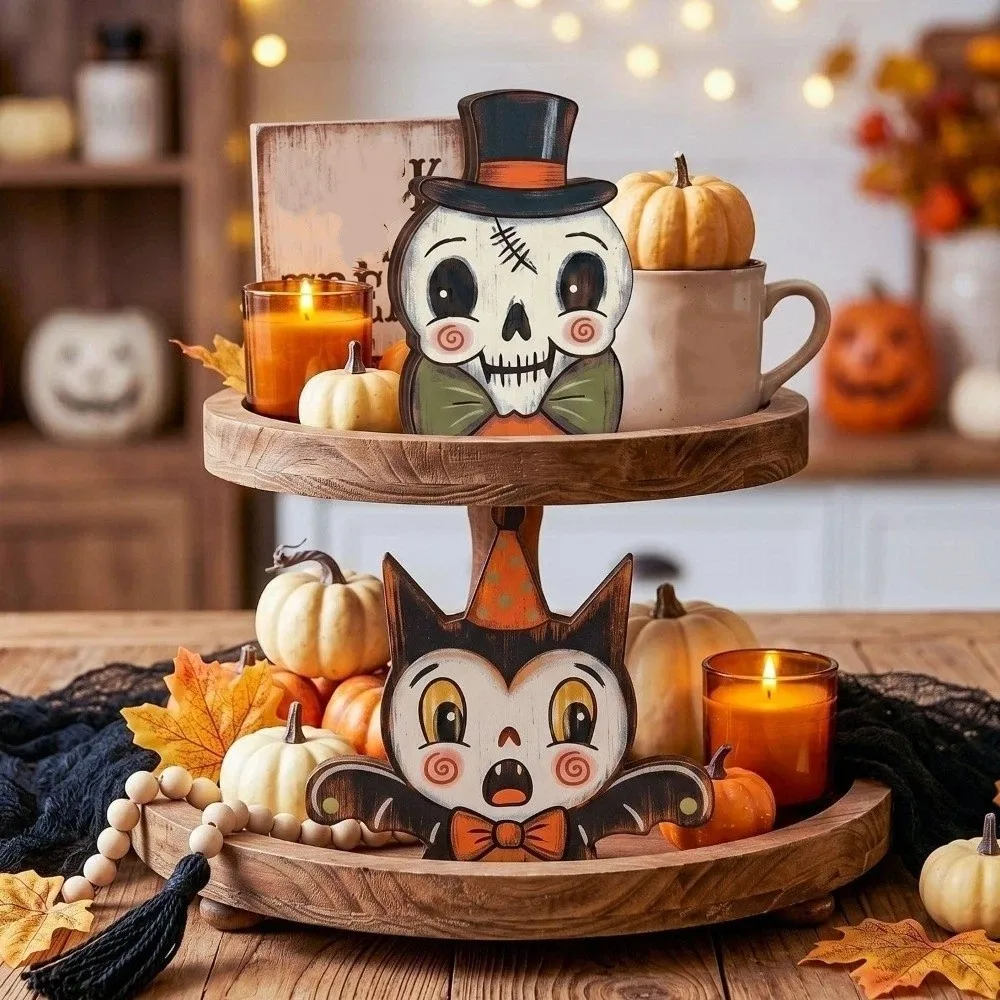 Cartoon Halloween Wooden Tabletop Sign Double Sided Pattern Farmhouse Style Ghost Pumpkin Owl Ornaments Hand Painted Integrated