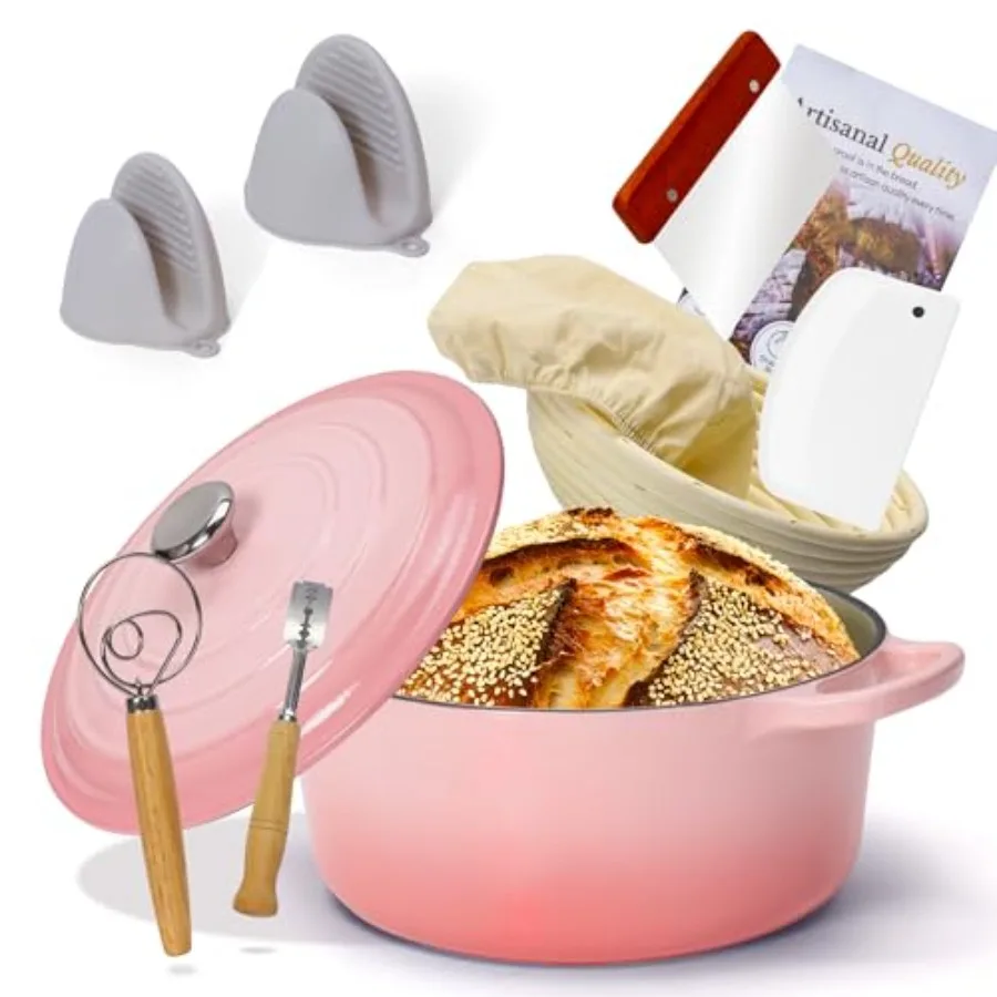 

5QT Enameled Cast Iron Dutch Oven for Bread Baking with Lid Sourdough Baking Supplies with Proofing Basket Bread Making Tools S