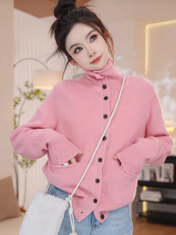 

Розовый вязаный кардиган свободного кроя с двойными карманами для женщин, осенне-зимний модный свитер-жакет в корейском стиле для повседневной носки
