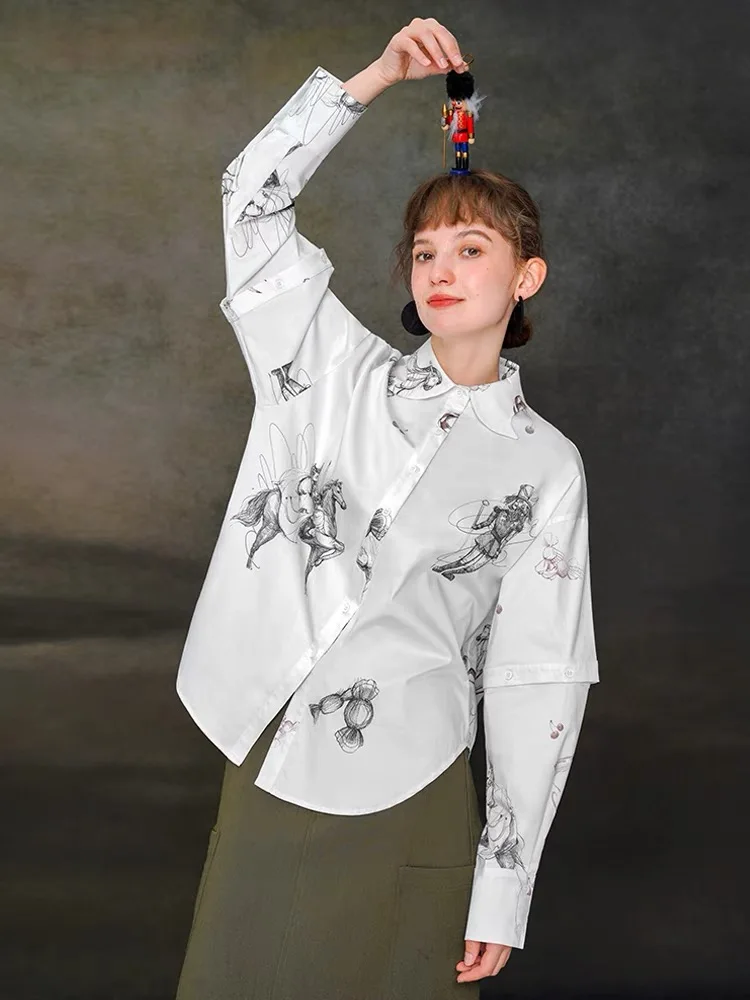 Blusa holgada de algodón con manga desmontable para mujer, camisa blanca con estampado de Merry-go-round, diseño Original, busto de 116-124cm, primavera y otoño