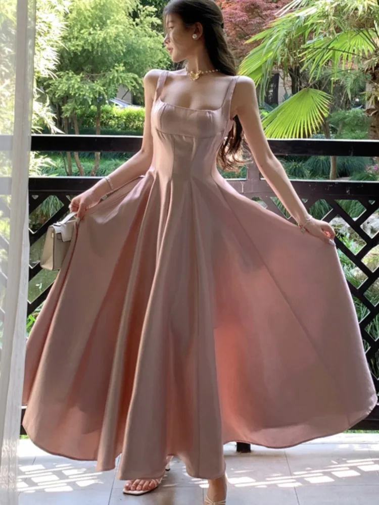 Elegant Satin Midi Dresses for Women Sleeveless High Waist Evening Party Dress A-line Prom Robe Korean Fashion Summer Vestidos