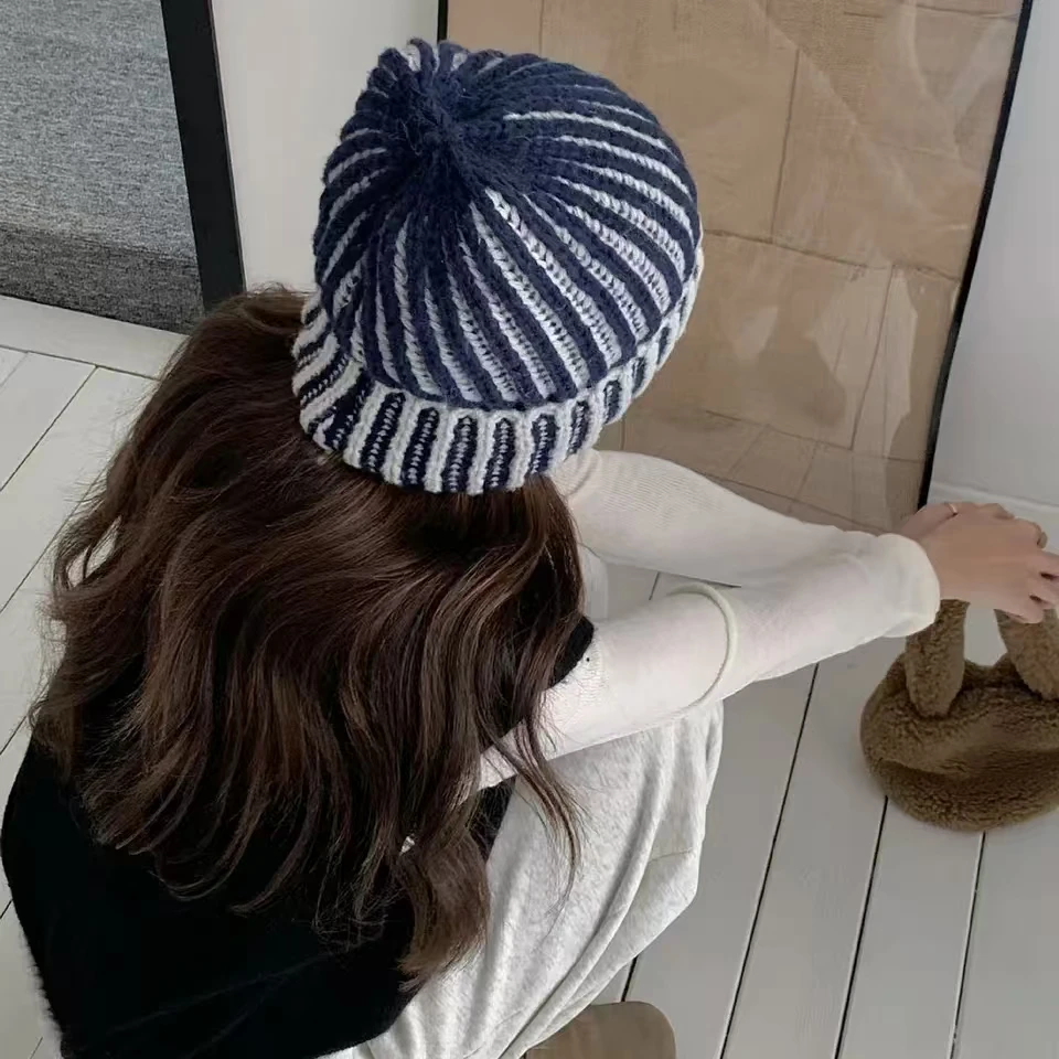 Striped Knitted Beanies Hats For Women&Men Winter Plush Warm Skullies Hat Unisex Outdoor Coldproof Ski Ear Protection Caps Gorro