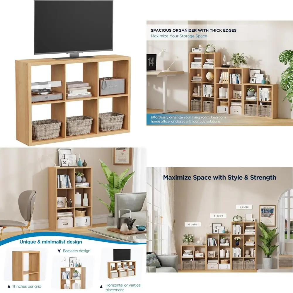 

Деревянный органайзер для хранения из натурального дуба, книжный шкаф на 6 секций и 2x3 полки, утолщенные доски, идеально подходит для дома, офиса, спальни, гостиной, 36