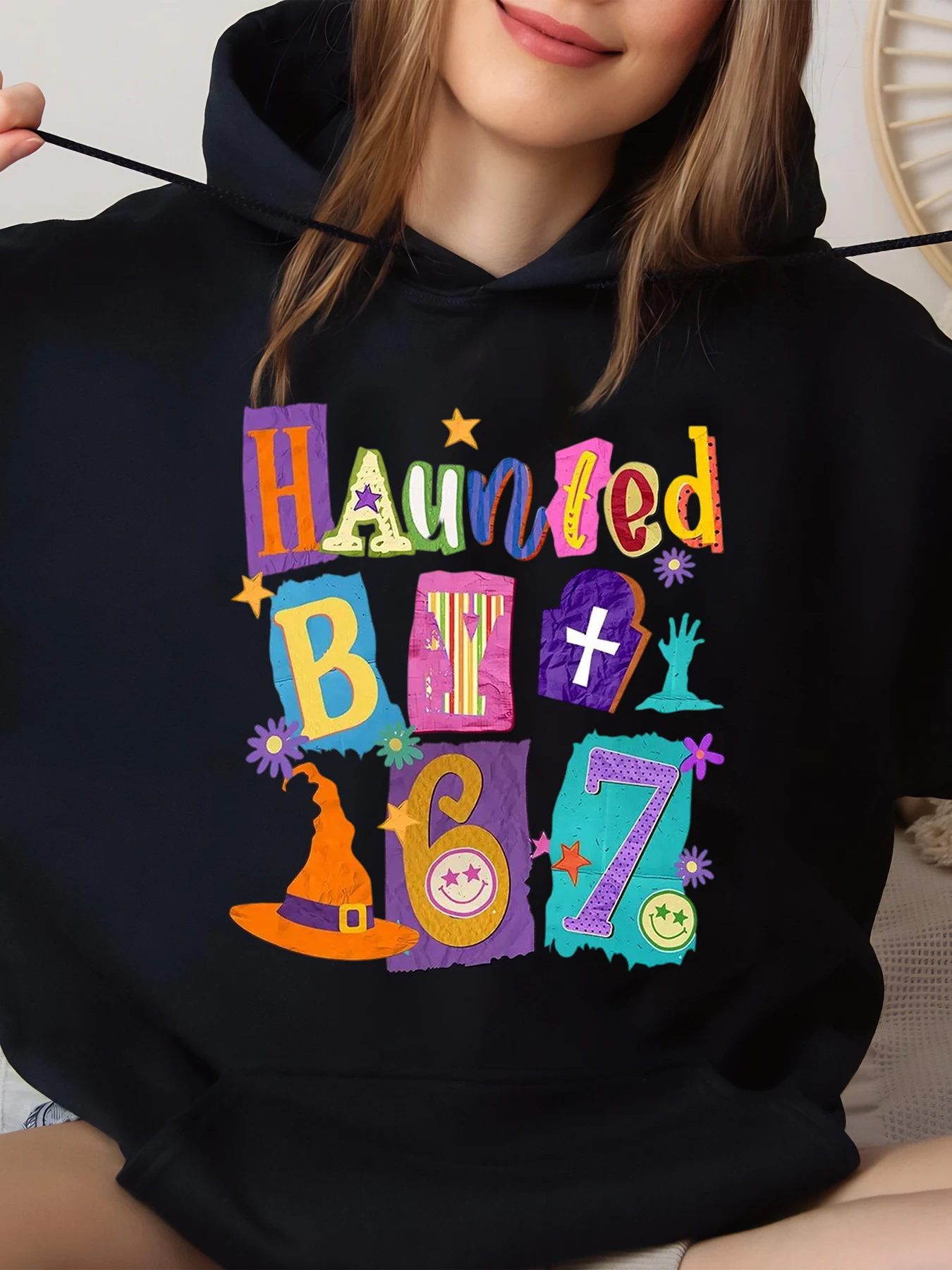 

Haunted B67 Halloween Printed Hoodie Women's Casual Wear Black Large Size