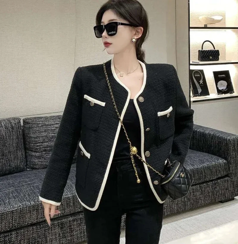 Elegant Women Tweed Jackets Autumn Korean Small Fragrance Single Breasted All Match Coats Harajuku Streetwear O Neck Outwear