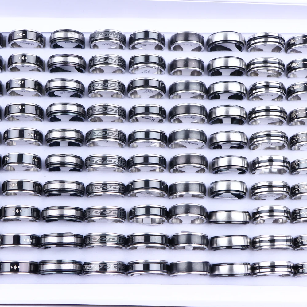 10/20/30/50Pcs/Lot Classic Trend Hollow Out Number Stripe Rotatable Stainless Steel Rings Mix Style Men Jewelry Gifts Wholesale