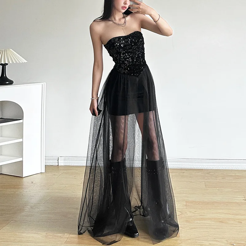 Vestido de tule plissado feminino, envoltório no peito, elegante e misterioso, bonito e maduro, sexy e charmoso, festa de irmãs, preto, inverno, 2022