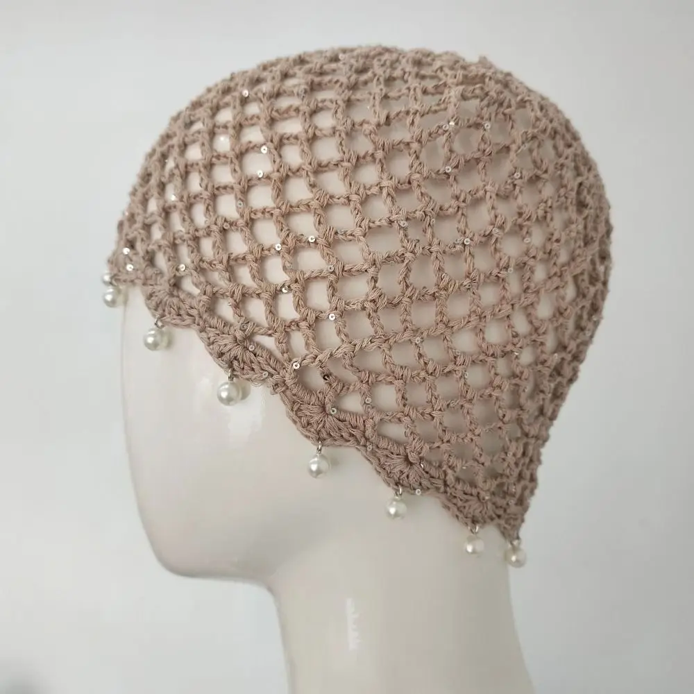 Casual Hollowed Out Woven Pullover Hats Crochet Pearl Fringed Knitted Hat Breathable Retro Beanies Cap or Women Summer