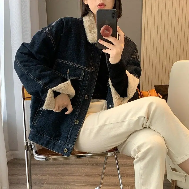 

Джинсовые пальто для женщин, куртки с длинными розовыми рукавами и лацканами, женские меховые плюшевые женские осенние куртки из софтшелла на флисовой подкладке с воротником-стойкой Amekaji Y2K