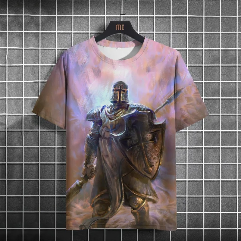 

Printed Cross Warrior T Shirt For Men Retro Cool Pattern Tees Summer O-Neck Short Sleeve Tops Casual Street Loose y2k T-shirts