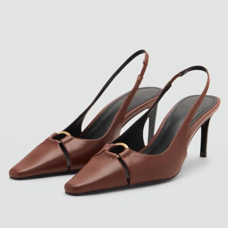 

Luxury Metal Ring Decoration High Heels Women Designer New Back Strap Pointed Toe Women's Pumps Elegant Stiletto Heel Mules